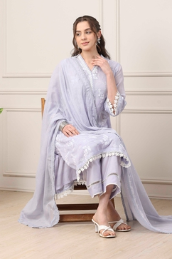 Lavender cotton floral |embroided straight  suit set